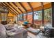 Inviting living room featuring vaulted ceilings, large windows, and cozy fireplace at 1278 Aspen Dr, Evergreen, CO 80439
