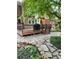 Relaxing backyard with wooden deck, mature trees, and stone landscaping at 1419 N Adams St, Denver, CO 80206