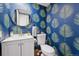 Stylish powder room featuring designer wallpaper, modern fixtures, and ample lighting at 8981 E Amherst Dr # E, Denver, CO 80231
