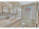Clean bathroom with white vanity, tub, shower, neutral walls, and framed mirror at 12059 S Tallkid Ct, Parker, CO 80138