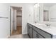 Clean bathroom with double sink vanity, white countertops, and a walk in closet at 4635 Cattle Cross Trl, Castle Rock, CO 80104
