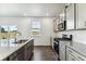 Modern kitchen featuring granite countertops, stainless steel appliances and light gray cabinetry at 4635 Cattle Cross Trl, Castle Rock, CO 80104
