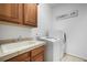Functional laundry room features a modern washer/dryer, basin, and wooden cabinets at 1236 Castlecombe Ln, Monument, CO 80132