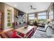 Cozy living room with stone fireplace, built-in shelving, and large windows with scenic views at 1236 Castlecombe Ln, Monument, CO 80132