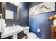 Stylish powder room featuring blue walls, wood framed mirror, and pedestal sink at 1236 Castlecombe Ln, Monument, CO 80132