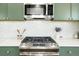 Updated kitchen features stainless steel appliances, white tile backsplash, and green cabinetry at 3600 N Race St, Denver, CO 80205