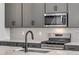 Close up of stainless appliances, sink with a faucet, and gray cabinets in the kitchen at 1415 Great Western Dr, Longmont, CO 80501