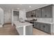 A kitchen with a large island and seating, gray cabinets, and stainless steel appliances at 1415 Great Western Dr, Longmont, CO 80501