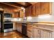 Modern kitchen featuring stainless steel appliances and rustic wooden cabinetry at 422 Fairview Blvd, Breckenridge, CO 80424