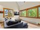 Open living room featuring hardwood floors and large windows offering wooded views at 422 Fairview Blvd, Breckenridge, CO 80424