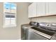 Bright laundry room with modern front-load machines and white cabinets at 9885 Thornbury Way, Highlands Ranch, CO 80129