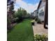 Lush backyard with artificial grass, a stone patio, and well-maintained landscaping at 6616 Amur Ln, Castle Rock, CO 80108