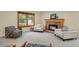 Cozy living room with a brick fireplace and a large window at 7882 S Valentia Way, Centennial, CO 80112