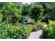 Wood path leading through the lush backyard garden to an outdoor shed at 990 S Jackson St, Denver, CO 80209