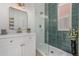 Modern bathroom featuring sleek vanity, glass shower with decorative tile, and contemporary fixtures at 561 Cherokee St, Denver, CO 80204