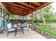 Outdoor patio with dining table and chairs overlooking backyard with lush landscaping at 3916 S Telluride Ct, Aurora, CO 80013