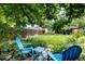 Inviting backyard featuring lush greenery, mature trees, and a charming seating area with blue Adirondack chairs at 1635 Poplar St, Denver, CO 80220