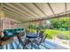 Covered patio with outdoor furniture, grill, and a view of the manicured backyard at 1635 Poplar St, Denver, CO 80220