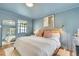 Stylish bedroom featuring blue walls, natural light, and a reflective mirror at 1226 Dexter St, Denver, CO 80220