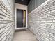 Close-up of the home's front door, accentuated by stone detailing at 5681 Water Avens Dr, Castle Rock, CO 80104