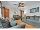 Living room with hardwood floors, two sofas, and a ceiling fan at 1466 Elmwood Ln, Denver, CO 80221