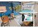 Bright living room with a fireplace, tall blue accent wall, modern décor, and a large door opening to an outdoor patio at 10105 Morrison Rd, Lakewood, CO 80227