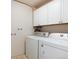 Convenient laundry room with full-size washer and dryer and overhead cabinets at 7700 W Glasgow Pl # 24C, Littleton, CO 80128
