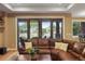 Cozy living room featuring a leather sofa, wood floors, and a wall of windows offering outdoor views at 7130 Independence St, Arvada, CO 80004