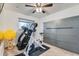 Bright exercise room features a ceiling fan, exercise equipment, and gray paneled wall at 7835 Barbara Ann Dr # F, Arvada, CO 80004