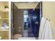 Modern bathroom featuring a frameless glass shower with blue tile surround and built-in shelves at 7 Cherry Hills Farm Dr, Cherry Hills Village, CO 80113