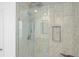 Close up of glass shower with marble-look tiles and built-in niche at 6024 High Timber Cir, Castle Rock, CO 80104