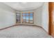 Cozy bedroom featuring neutral carpet, large windows with scenic views, and wood trim at 1252 Rosewind Cir, Castle Rock, CO 80104