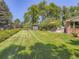 This backyard features lush green grass, mature trees, and patio with outdoor furniture, and an outdoor shower at 9931 E Ida Pl, Greenwood Village, CO 80111