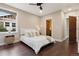 A cozy bedroom with hardwood floors, white bedding, and matching nightstands at 815 S Gaylord St, Denver, CO 80209