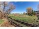 A serene backyard view with a rustic wooden fence and open green space, framed by bare trees against a blue sky at 18995 E Bellisario Creek Pl, Parker, CO 80134