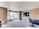 Bright living room features a large bay window, neutral carpet, and a wall-mounted television at 18995 E Bellisario Creek Pl, Parker, CO 80134