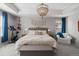 Inviting primary bedroom with tray ceilings, a decorative light fixture, and lots of natural light at 432 N Patsburg St, Aurora, CO 80018