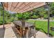 Outdoor dining area under a shaded pergola overlooking the green, landscaped backyard at 7030 S Fillmore Ct, Centennial, CO 80122