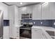 Kitchen with white cabinets, stainless steel appliances, quartz countertops, and a blue backsplash at 8696 W 86Th Cir, Arvada, CO 80005