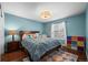 Cozy bedroom with blue walls, hardwood floors, and a colorful rug, creating a vibrant and inviting space at 1113 Southbury Pl, Highlands Ranch, CO 80129
