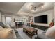 Basement rec room featuring an entertainment area and dining area with modern lighting at 1113 Southbury Pl, Highlands Ranch, CO 80129