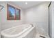 Modern bathroom with soaking tub, updated shower and bright natural light at 8409 Lightening View Dr, Parker, CO 80134