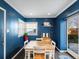 Bright dining area featuring blue paneling, a wood table, and natural light at 1100 Hudson St, Denver, CO 80220