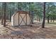 Image features a shed with double doors and cross bracing surrounded by tall trees and pine needle ground cover at 17720 Canterbury Dr, Monument, CO 80132