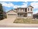 Charming two-story home features a welcoming front porch, attached garage, and a well-maintained lawn at 7099 Cerney Cir, Castle Pines, CO 80108