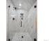 Sleek marble shower with glass door, detailed mosaic floor, and built-in shelving at 6953 S Prescott St, Littleton, CO 80120