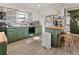 Well-lit kitchen featuring green cabinets, wood counters, and a functional breakfast bar with stools at 780 Campo St, Denver, CO 80221