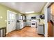 Functional kitchen featuring gray cabinets, wood floors and access to backyard at 3111 Troy St, Aurora, CO 80011