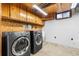 Laundry area with modern washer and dryer, complemented by ample cabinet storage at 1182 S Alcott St, Denver, CO 80219