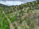 An aerial view of a cabin nestled among trees, showcasing its natural setting on a mountainside at 1575 York Gulch Rd, Idaho Springs, CO 80452